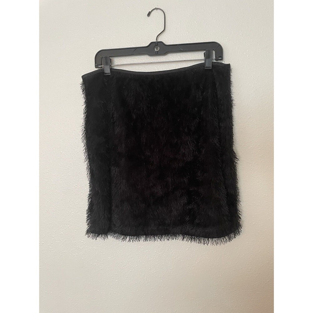 Kardashian Kollection Black Fringe Faux Fur Mini Skirt Womens Size L Y2K